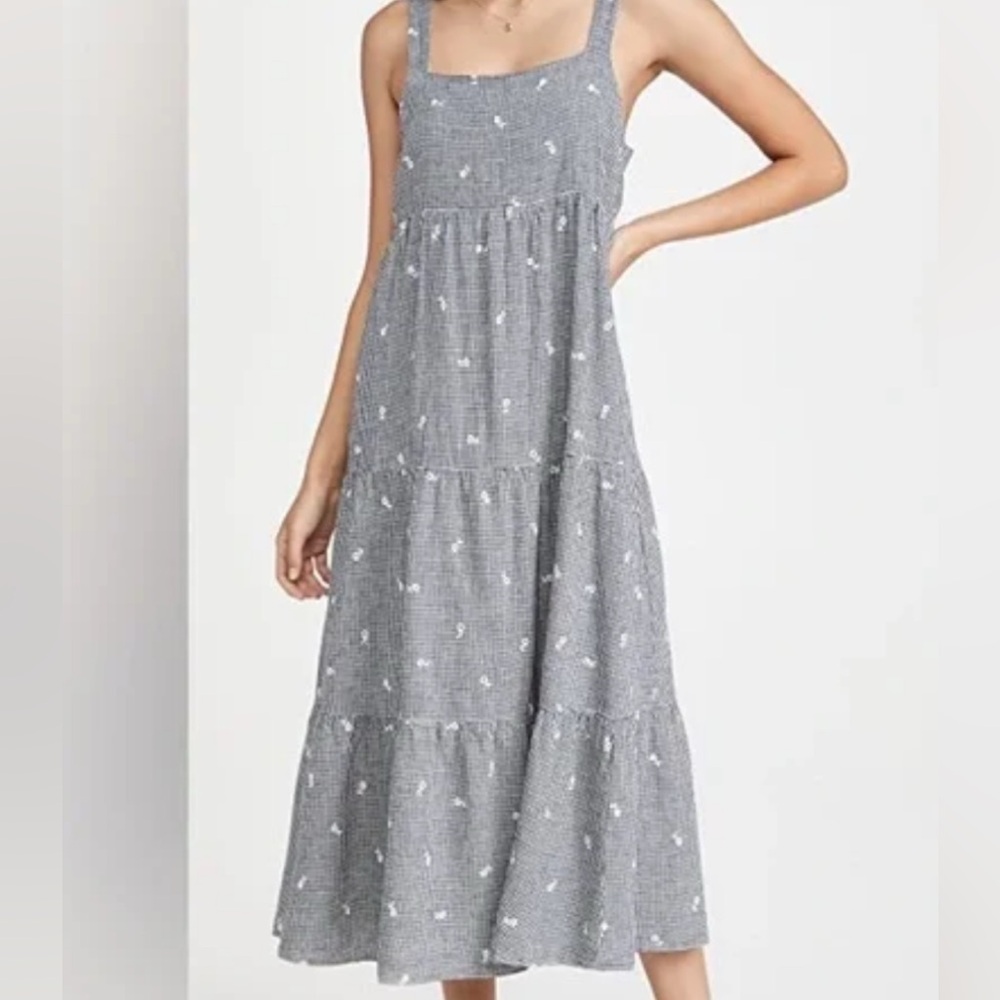 Madewell Blue Gingham Tiered Midi Dress with White Floral Dots XS